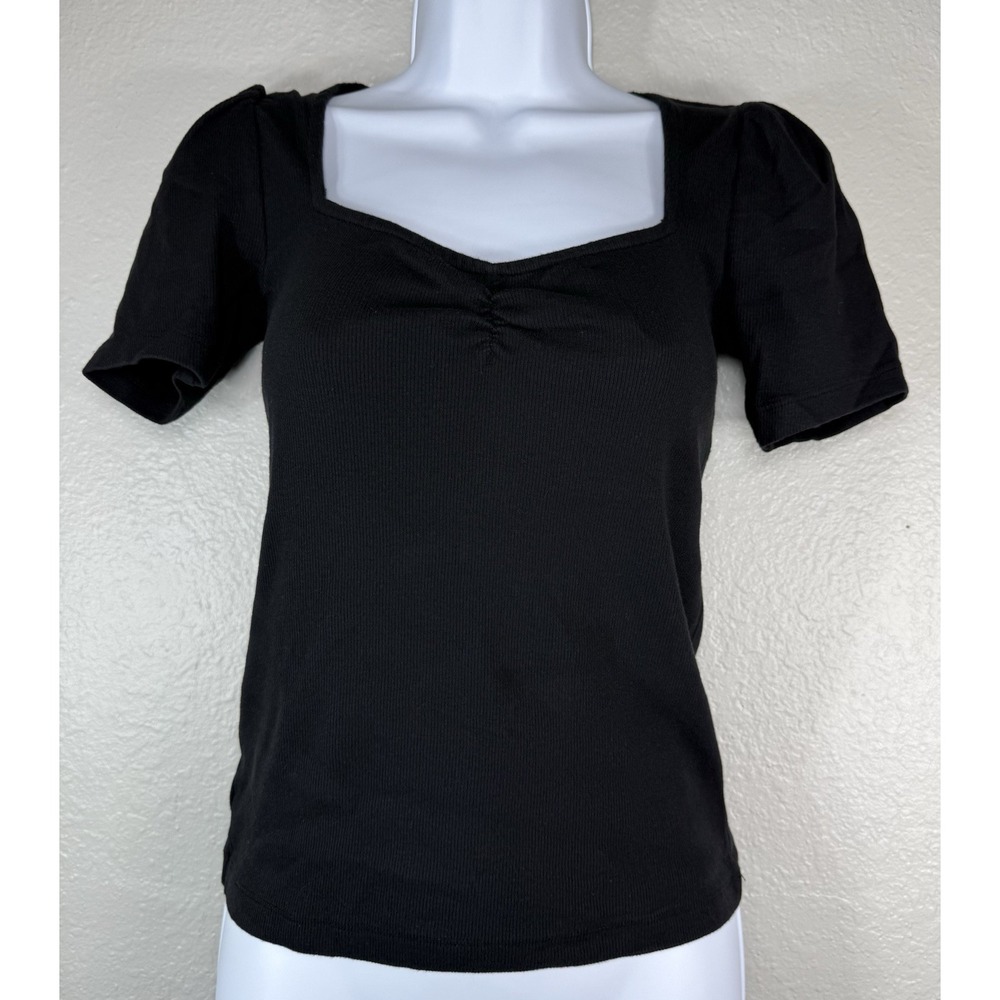 LOFT Women's Small Black Sweetheart Neck T Shirt Black Micro rib Romantic